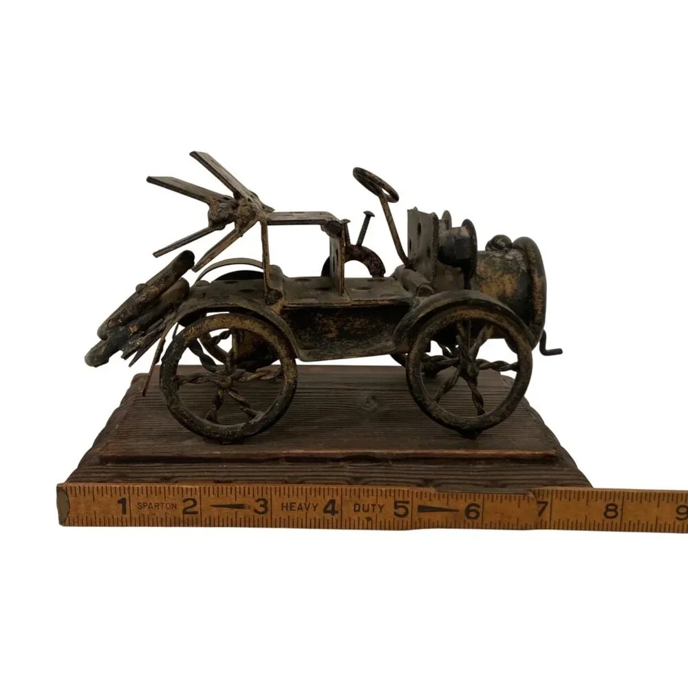 Vintage Chippy Rusty Metal Model Car Sculpture On Wooden Base Lobeco Spain